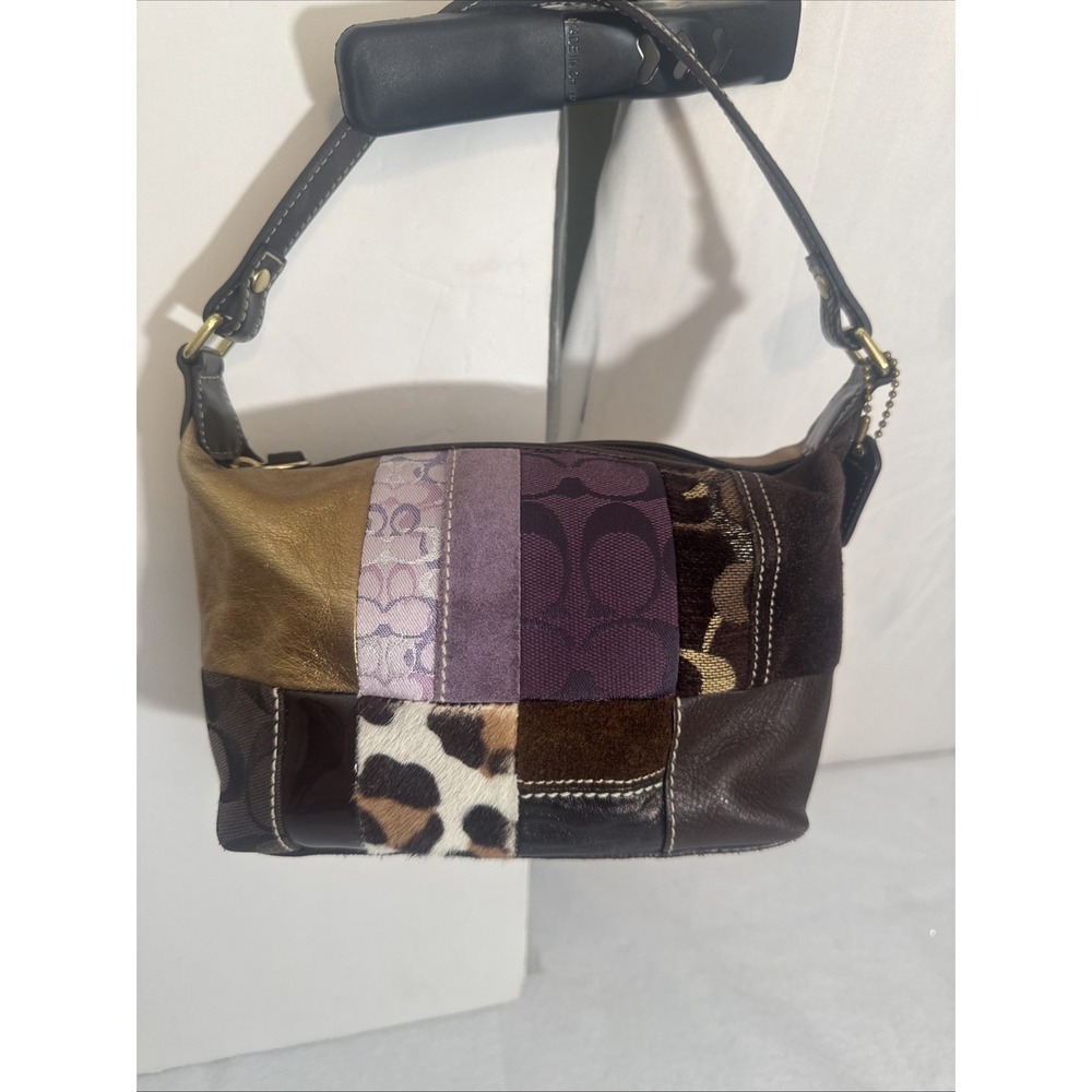 Y2K Coach Patchwork Bag Mini Baguette Brown Purple Gold Animal Print Logo Print - Picture 3 of 10